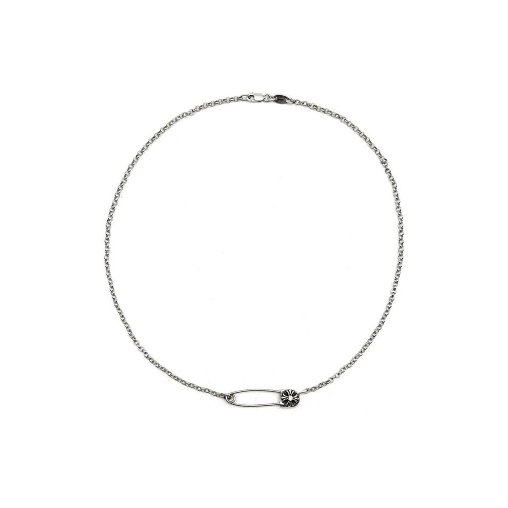 Silver Safety Pin Diamond Roll Chain Necklace