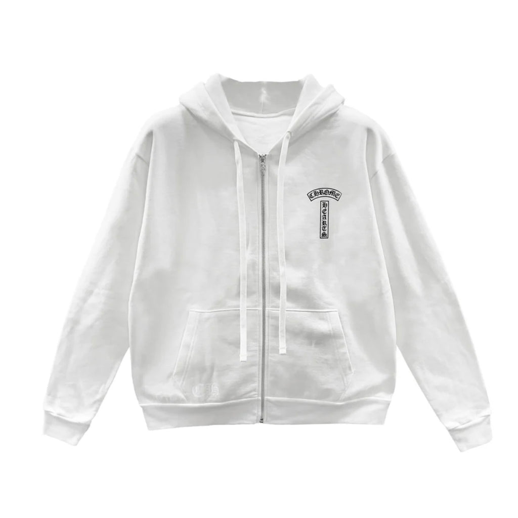 T Bar Script White Zip Up Hoodie
