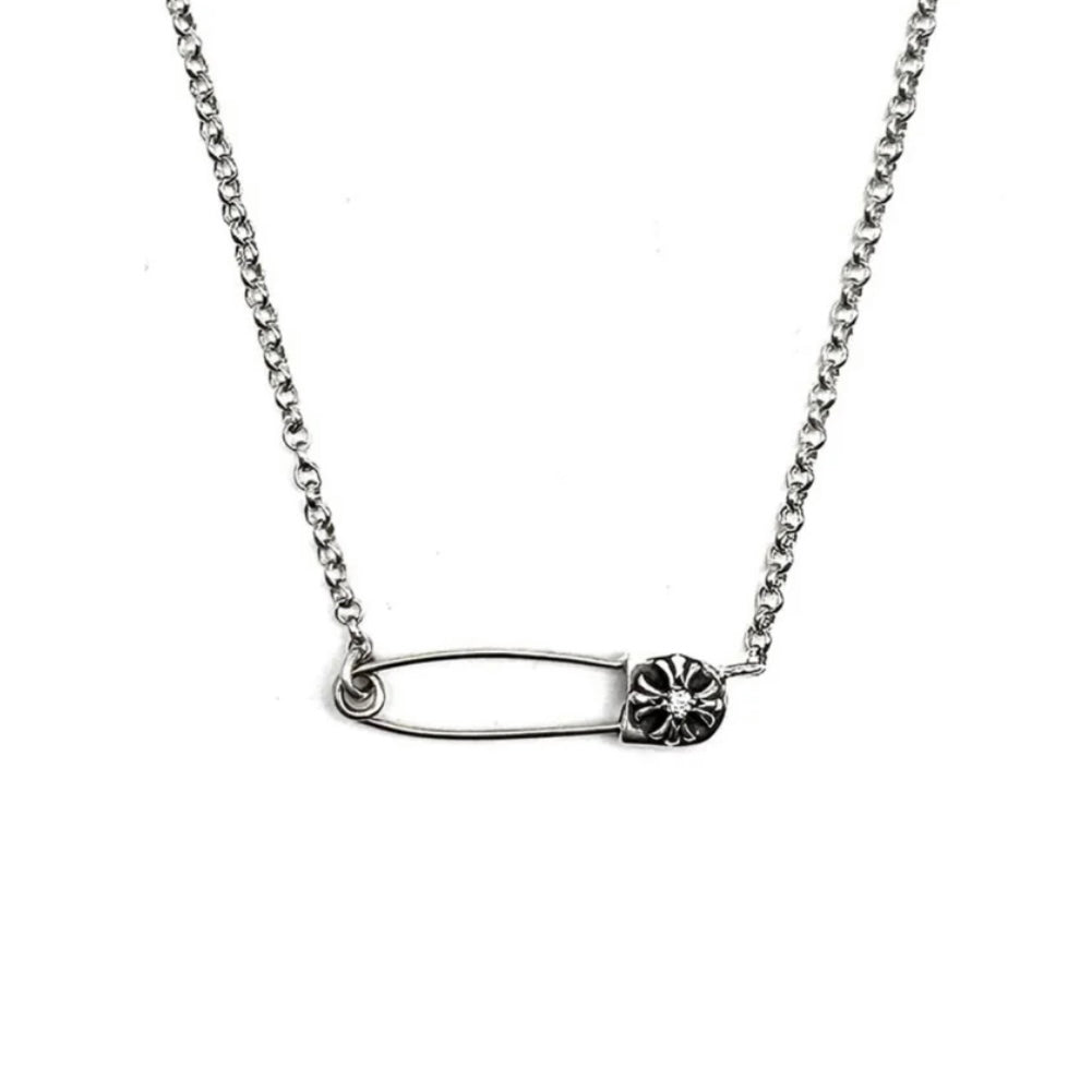 Silver Safety Pin Diamond Roll Chain Necklace