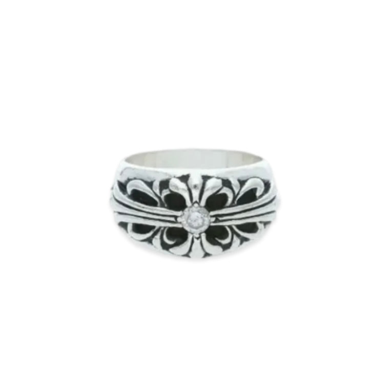 Silver Floral Cross Ring (1 Diamond)